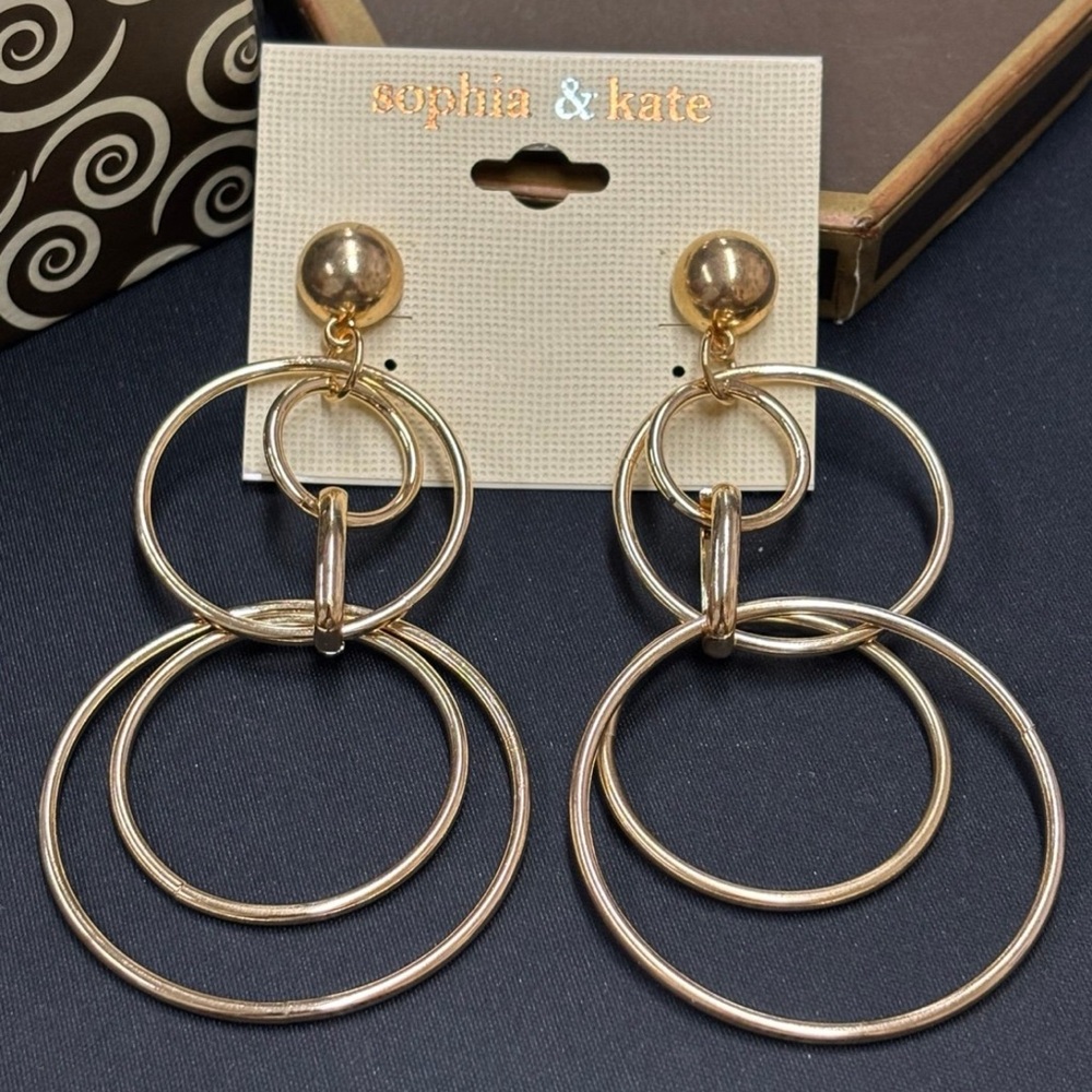 Gold Triple-Hoop Drop Statement Earrings